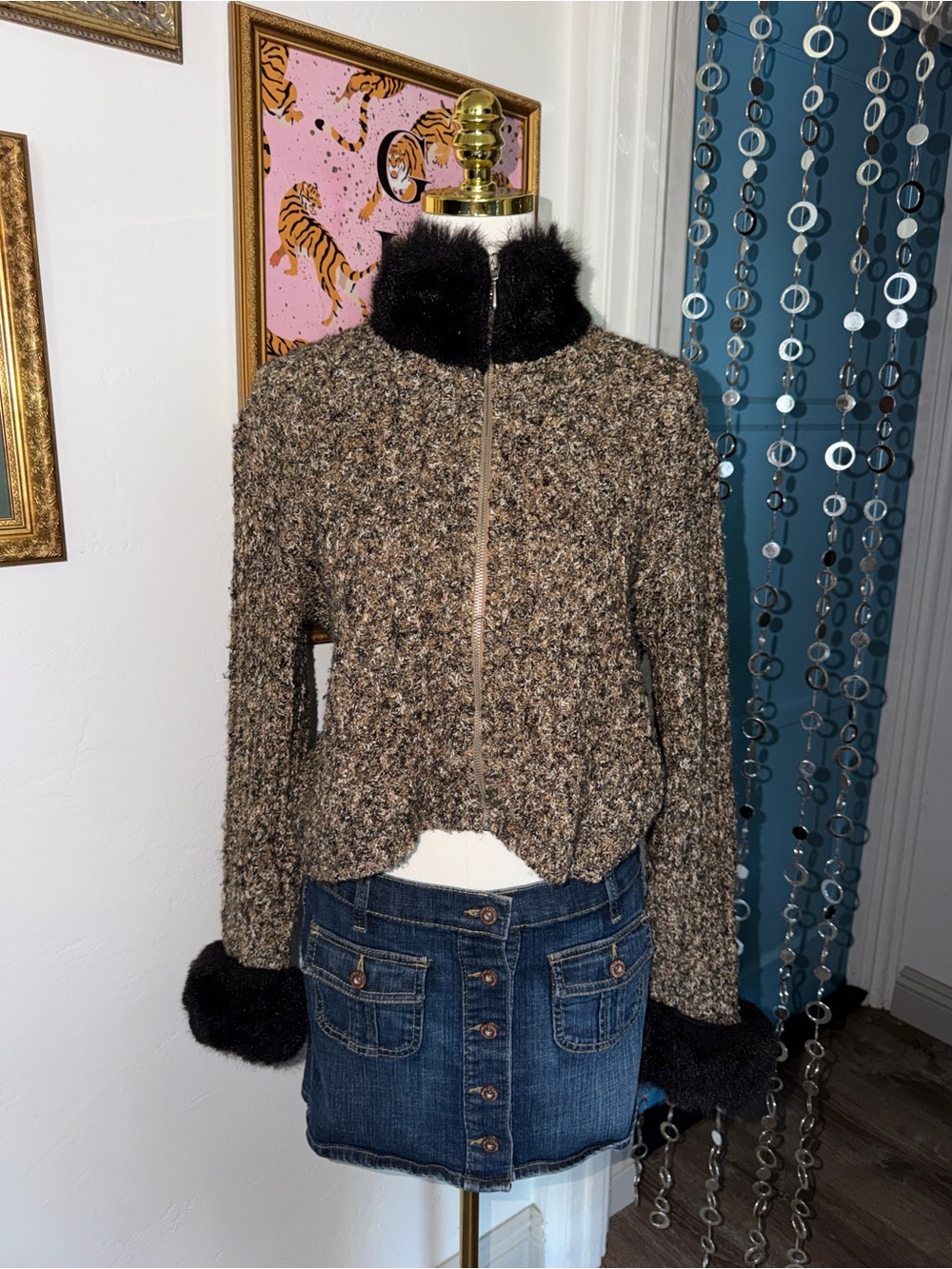 Vintage Y2K Textured Brown Tweed Jacket with Black Faux Fur Trim